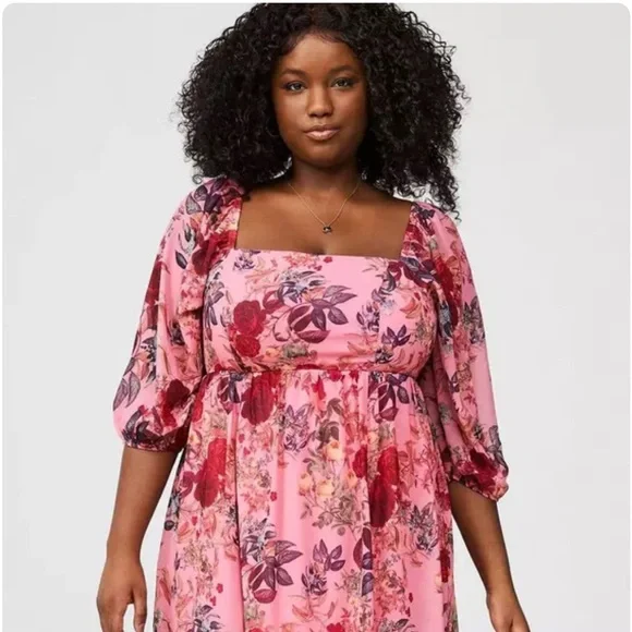 Torrid Mini Chiffon Square Neck Tiered Dress in Alexis Floral Pink size … - Picture 2 of 10